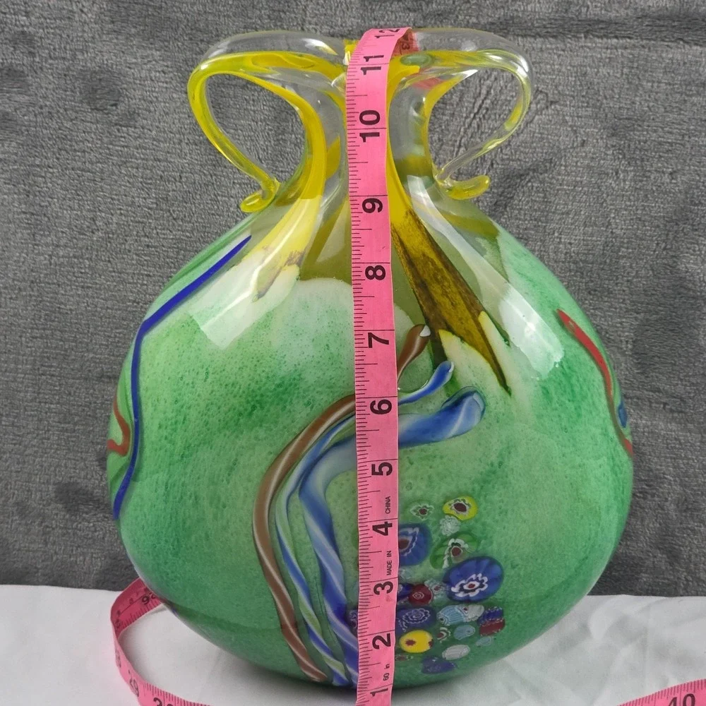 Murano Style Art Glass Vase Millefiori Yellow Green Double Handle Vase 11